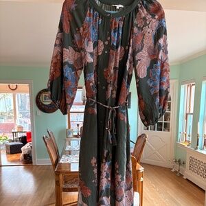 Entro Green Longsleeve Floral Peasant Belted Linen Boutique Dress--Small